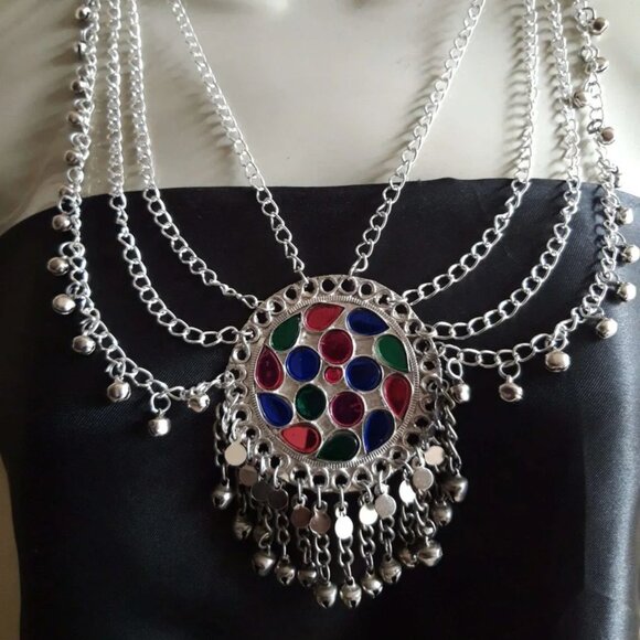 Ethnic Multilayers Bib Necklace, Tribal Silver Bib Necklace, Kuchi Boho Jewelry - Picture 1 of 5